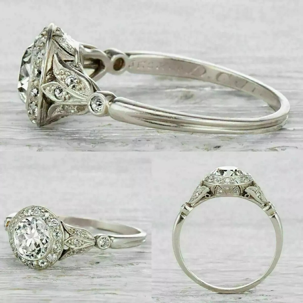 Art Deco Style Round Cut Lab Created Diamond Engagement Ring 14K White Gold FN