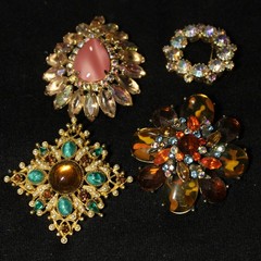 Lot of 4 Jelly AB Vintage Brooches 1.5-2.5″ Capri Pink Purple Green Teal Orange