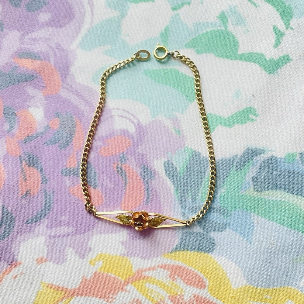 Vintage Krementz Rose Bracelet 7 Inches Gold Tone Signed Floral Dainty Chain