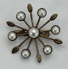 Vintage MCM StarBurst Art Deco Gold Tone Pearl Pin Back 1.5” Brooch RARE