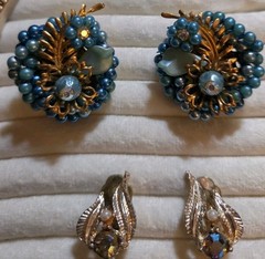 3 Pair Vintage Blue Iridescent AB Stone Clip Earrings