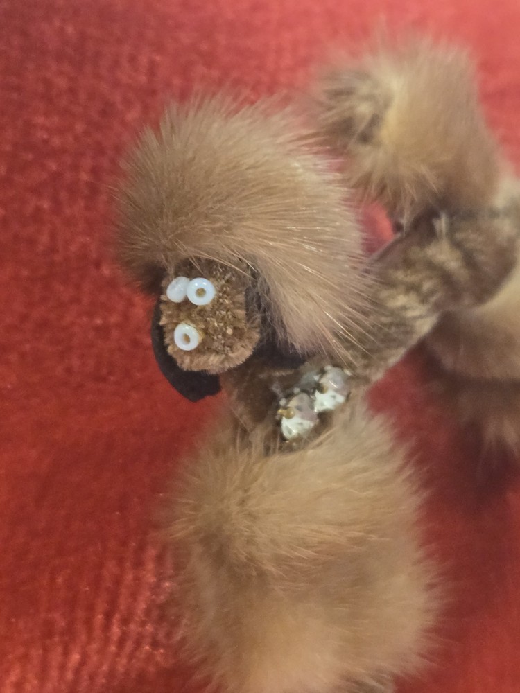 Vintage Mink Fur Poodle Dog Brooch Pin Rhinestones 1930s 50s Jewelry Estate EXC
