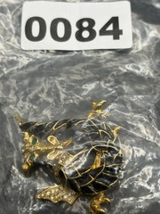 GORGEOUS Black Enamel Chinese Dragon Green Rhinestone Unsigned Gold Tone Brooch