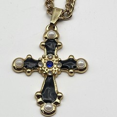 Fun vintage enamel rhinestone faux pearl cross necklace whimsagoth