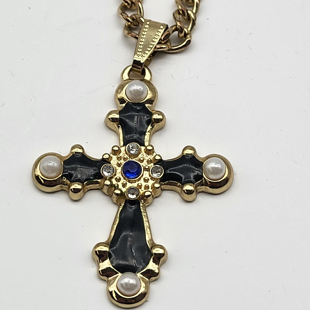 Fun vintage enamel rhinestone faux pearl cross necklace whimsagoth