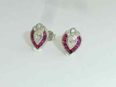 Art Deco Vintage Style Lab-Created Diamond & Ruby Stud Earrings Solid 925 Silver