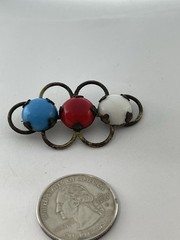 Antique Art Nouveau Red White & Blue Czech Glass Opaque Cabochon Brass Brooch