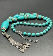 CHINESE TURQUOISE Necklace 70s Tassel Y-Drop 18” Silver Plated Statement #1 EUC