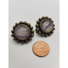 Vintage Signed Graziano Fluorite Clip On Earrings Purple Stone Cabochon Bronze