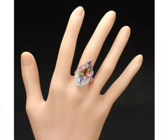 Marquise Shape Multi Color Gemstones & Lab-Created White Diamonds Cluster Ring