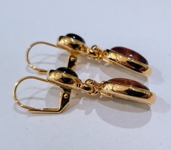 Vintage Gold Tone Tiger Eye Black Onyx Double Cabochon Leverback Drop Earrings