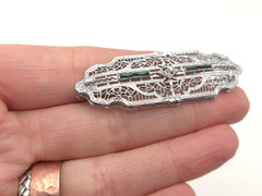 Vintage Art Deco Filigree Faux Gemstone Green Clear Glass Rhodium Plated Brooch
