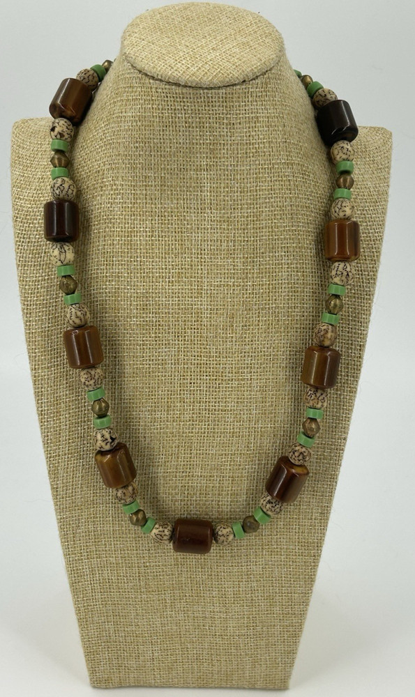 Earthy Necklace Natural Stone Acrylic Beads Brown Green Choker 22 Inch