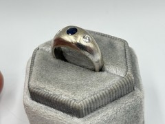Vintage 14k White Gold Blue Sapphire & Diamond Gypsy Ring