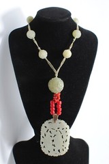 Vintage Carved Green Serpentine Necklace with Hand Tie Robe 26 in
