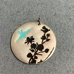 Bird Flowers Round Pendant Silver Black Turquoise Blue Retro BoHo Vintage Nature