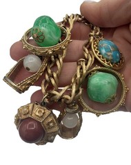 Vintage Etruscan Revival Charm Bracelet Gold Tone Curb Chain Fob Lantern 50s 60s