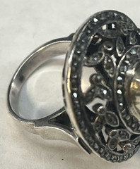 Vintage Sterling Silver Marcasite Green Chalcedony Large Filigree Dome Ring Sz 6