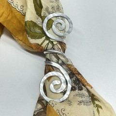 Scarf Slide Silver Tone Hammered Aluminum Double Open Spirals with Center Coil