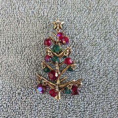 Vintage Hollycraft Christmas Tree Dangle Glass Bead Ornaments Brooch Pin, Signed