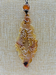 21st & Stone Carved Old Jade Carnelian Bead Leather Cord Silver Accents Necklace