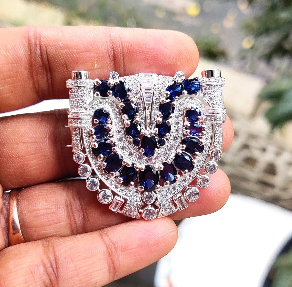 4Ct Oval Cut Lab Created Blue Sapphire Brooch Pin 14K White Gold Plated Silver