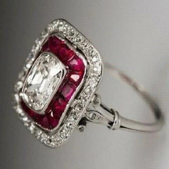 Art Deco Style Lab Created Diamond & Ruby Engagement 14K White Gold Finish Ring