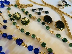 Vintage Blue/Green/Gold Jewelry Mix Lot Earrings Necklace RS Beads Glass Enamel