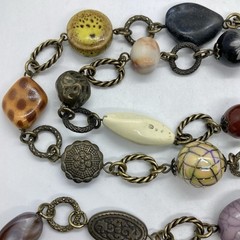 Vtg Boho Statement Bead Brass Chain Link Statement Necklace 34” Signed