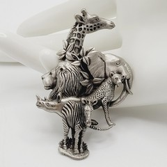 Fable Safari Africa Animal 3D Sculpted Pewter Silver Tone Collage Vtg Brooch Pin
