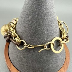 Vintage Chunky Bracelet Art Glass Wedding Cake Multi Chain Leather Gold Tone 6.5
