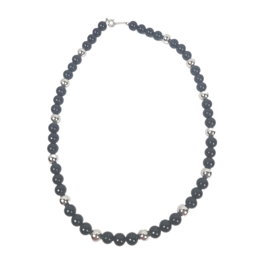Vtg 80s~Napier Faux Onyx Beaded Necklace~Black~Silver Tone~18″