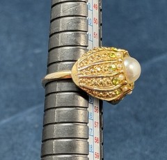 Vintage Cocktail Dome Ring Adjustable Pearls Green Rhinestones Gold Tone Size 7