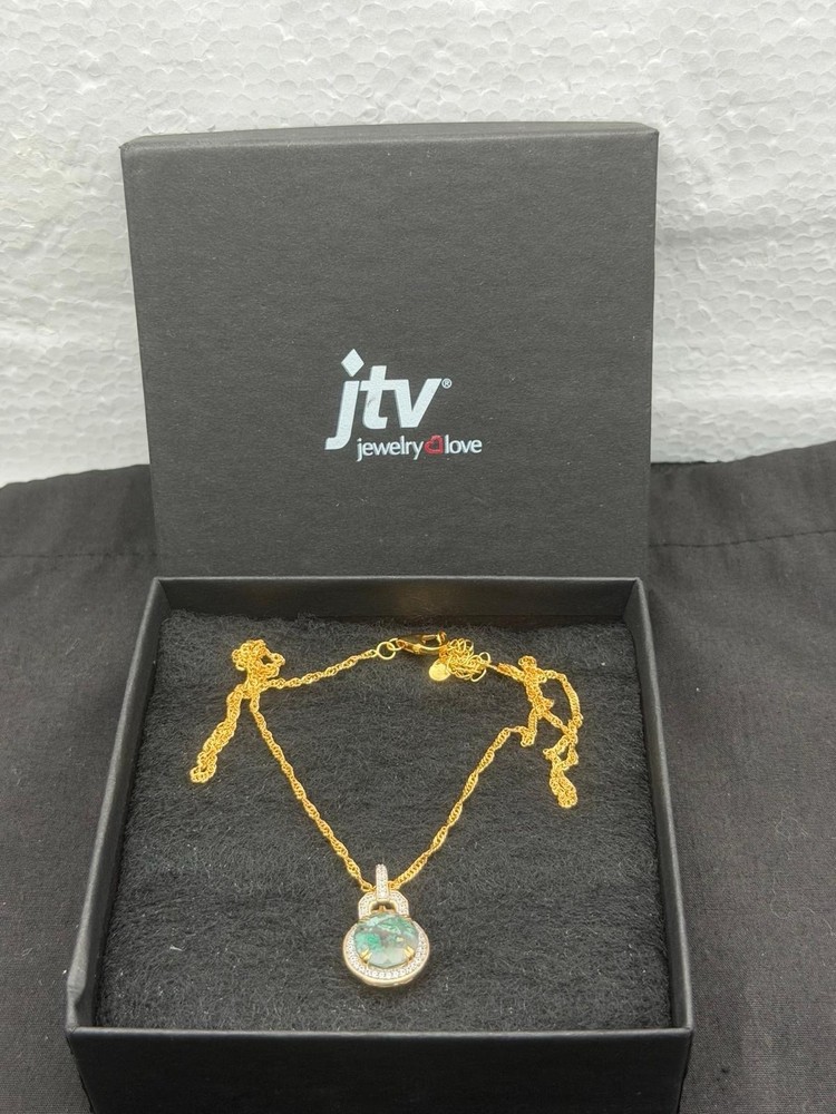 JTV Foil Glass Silver 925 Pendant Necklace Green Aventurine Flake Gold Tone 19″