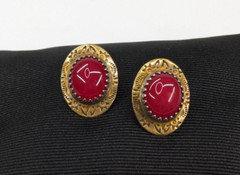 MW Signed Pink Stone Cabochon Brass Sterling Southwestern Pierced Earrings 3/4″
