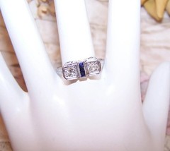 ART DECO 18K Gold Diamond Blue Sapphire Filigree Ring | Size 8.75