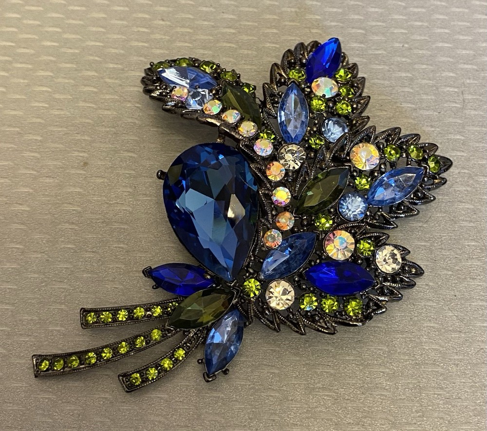 Vintage Blue AB Rhinestone Brooch Oversized Corsage Bouquet Black Metal unsigned
