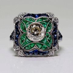 Vintage Emerald, Sapphire & Lab-Created Diamond Floral Engagement 925Silver Ring