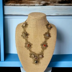 Vintage Handmade German Silver Filigree Semi Precious Stones Statement Necklace