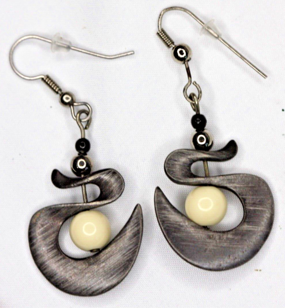 Modern Dangle Drop Earrings Abstract Pewter Metal Swirl Pierced