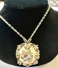 Vintage W Germany Floral Porcelain Filigree Pendant Necklace Gold Tone Enamel