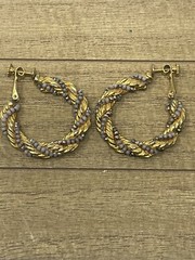 Vintage Gold Tone Twisted Rope Hoop Earrings Grey Silver Beaded Screw Back MCM