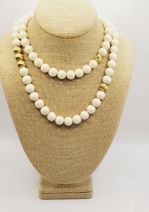 Monet Necklace Cream and Gold tone Long Large beaded Vintage 36 in