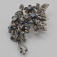 Floral Statement Brooch Dark Silver Gray Tone Rhinestone Pendant Bow 2.5″ Pin