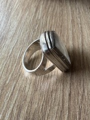 Vintage Silver Moonstone Asymmetrical Cabochon Bezel Set Statement Ring Size 8.5
