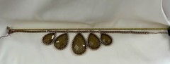 Vintage, gold-tone bib necklace olive-colored faceted teardrop stones, earrings