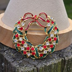 Vintage Christmas Wreath Brooch Red Rhinestone Enamel Holiday Jewelry Shiny pin