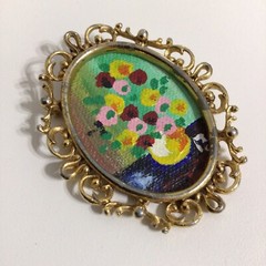 Vintage Brooch Pin Original Oil Painting on Canvas Floral