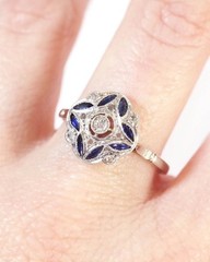 Art Deco Sapphire & Lab Created Diamond In 14k White Gold Finish Target Ring