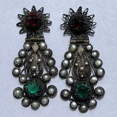 ANTIQUE ARMENIAN BYZANTINE REVIVAL OTTOMAN PEARL COIN SILVER JEWELED EARRINGS